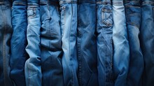 Flat Lay Of Denim Materials Folded Neatly In A Row, Highlighting The Different Washes