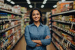 © PRASANNAPIX - Confident young woman grocery store owner standing and smiling.