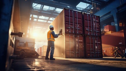 Poster - worker in warehouse with container cargo freight ship. generative ai