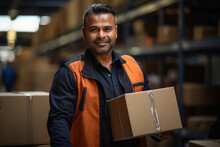 Indian Man Holding Box In Hand At Warehouse
