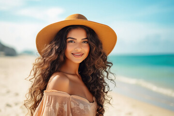 Young and beautiful woman wearing hat and standing at beach