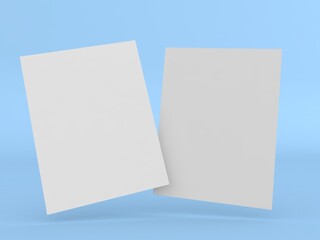 Two sheets of A4 paper on a blue background. 3d render illustration.