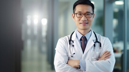 Wall Mural - Portrait of smiling asian doctor looking at camera with crossed arms in hospital. generative ai