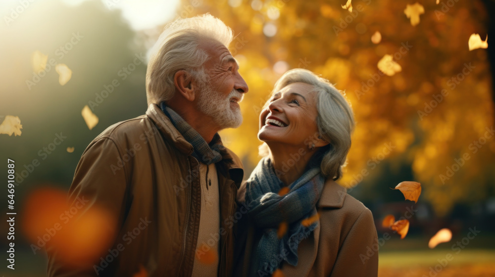 Golden Years in Golden Leaves: A Joyful Senior Couple Embracing Autumn ...