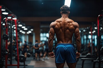 back view Young male athlete bodybuilder posing. ai generative