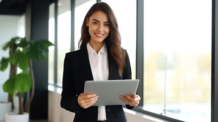 Sticker - cheerful businesswoman uses an isolated tablet at her office.