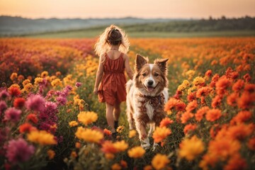 Cute little girl with flowers in hand walking with dog. ai generative