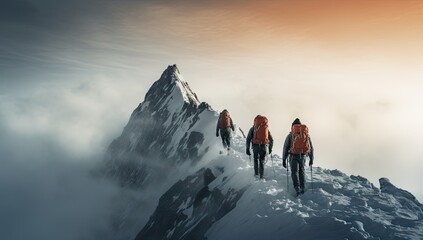 two mountaineers hiking up a snowy mountain generative ai