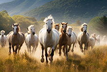 A Herd Of Horse Running Through The Meadow