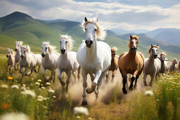 Wall Mural - a herd of horse running through the meadow