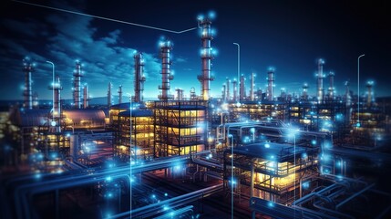 Poster - Aerial view oil storage tank with oil refinery background, Oil refinery plant at twilight. generative ai