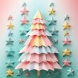 Christmas card, paper composition. Rainbow colors, paper cut composition. Season winter scene. Generative AI