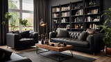 Fototapeta  - Przytulny czarny pokój salon z sofą zasłonami i oknem