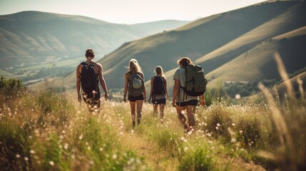 photo of a family and friends hiking together in the mountains in the vacation trip week. sweaty walking in the beautiful nature, travel, nature, adventure