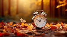 Concept, Daylight Saving Time. Sommer Time, Winter Time, Changeover, Switch Of Time. Sommer Or Winter Time. Clock As A Timer For Celebrations. Autumnal Forest And Leaves.