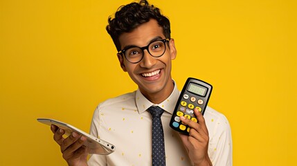 Model with a pencil behind the ear, holding a calculator and smiling, set against a yellow background.
