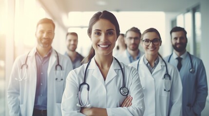 photo of a doctor team standing at a hospital with their arms crossed 