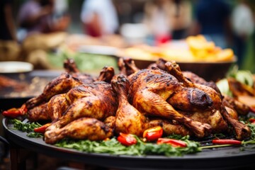 Poster - fried chicken on a wooden plate with vegetables.