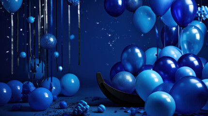 Blue balloons and confetti on a blue background.