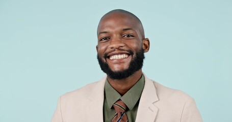 Poster - Business, portrait and a black man in studio with a smile, confidence and pride for career choice. Face, corporate and a professional person from Kenya on a blue background with a positive attitude