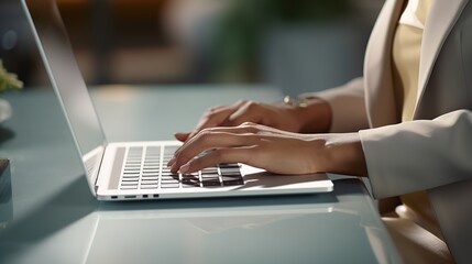 Wall Mural - Close up person typing on laptop on desk