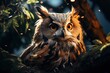 A wise old owl perched high in a tree, its keen eyes focused on the night.