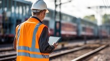 Engineer Use Tablet Check And Analyze Data At Train Station