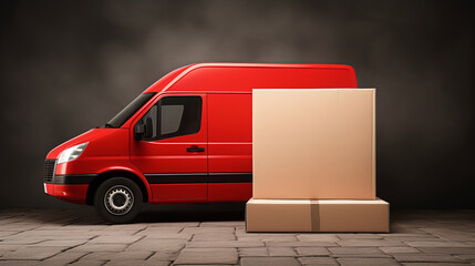 Red delivery van. There are empty boxes in front of the van where you can place your logo or text.