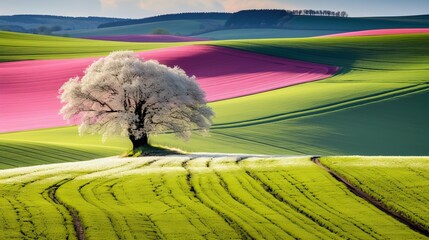 Wall Mural - Field wave with blossom tree landscape