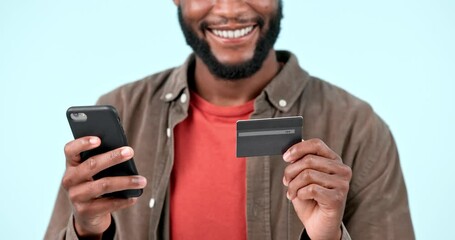 Wall Mural - Happy black man, hands and phone with credit card in online shopping or banking against a studio background. Closeup of African male person or payment with debit, mobile smartphone app or ecommerce