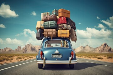 Travelling by car. Back view of a retro car with luggage on the roof. Car on the road with a lot of suitcases on roof. Family travel on vacation.