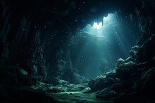 Mysterious Underwater Cave, Where Beams Of Light Penetrate The Darkness, Unveiling The Secrets Of A Hidden Aquatic Realm.
