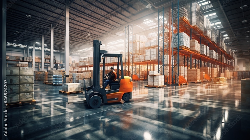 warehouse worker driver in uniform loading cardboard boxes by forklift ...