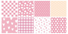 Geometric Pastel Pink Seamless Pattern Set Pink Background White Circles Peas Hearts Stars Collection Vector Illustration Simple Childish Print Wrap Wallpaper Cover Fabric Textile