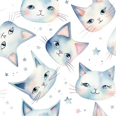 Wall Mural - Seamless pattern with watercolor cute cats and stars isolated on white background.