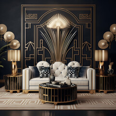 Wall Mural - Art Deco Living Room: Glamorous and luxurious, this style showcases bold geometric patterns, rich colors, and ornate details. AI Generated