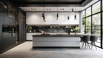 Sticker - Front view of a modern, luxurious, large kitchen interior in white and black, used as a showcase.