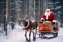 Photo Of Santa Claus Riding In A Sleigh Pulled By A Reindeer During Christmas Time Created With Generative AI Technology