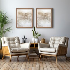 Wall Mural - Living room interior with two wooden leather chairs