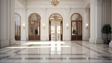 High resolution image of entrance to apartment with white interior and marble flooring.