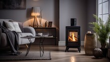 Contemporary Stove In Living Room With Flames And Pellets.