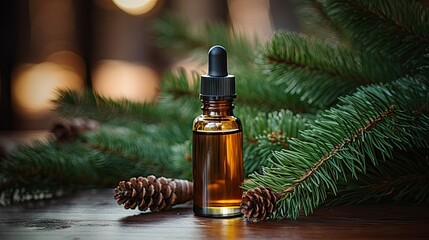 November 14, 2020 in St. Petersburg, Russia shows a 15 ml bottle of Siberian Fir essential oil on a wooden surface with decorated evergreen fir branches. The scene portrays a cozy warm season with