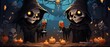Two cute cartoon characters grim reapers at Happy Halloween background having fun celebrating Haloween scary spooky haunted night fantasy fall scene party. Helloween invitation backdrop.