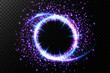 Magic fantasy portal. Round light frame, with small particles of dust, futuristic teleport. Blue, purple, neon lights illuminate the night scene with sparkles on a transparent background. Light effect