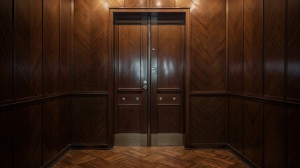 Wood lined interior of a closed vintage Soviet elevator.