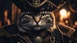 Up close head and shoulders view of a pirate cat, wearing a hat and coat