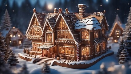 Christmas trees decorating a gingerbread house covered in icing snow