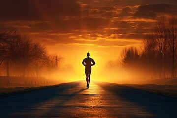 silhouette of male runner running road at dawn Generative Ai