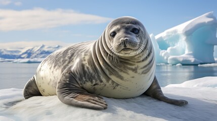 Wall Mural - solitary weddell seal resting on an ice floe, gazing curiously at the camera.