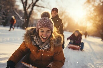  A group of people sledding down a snow covered hill. Generative AI.